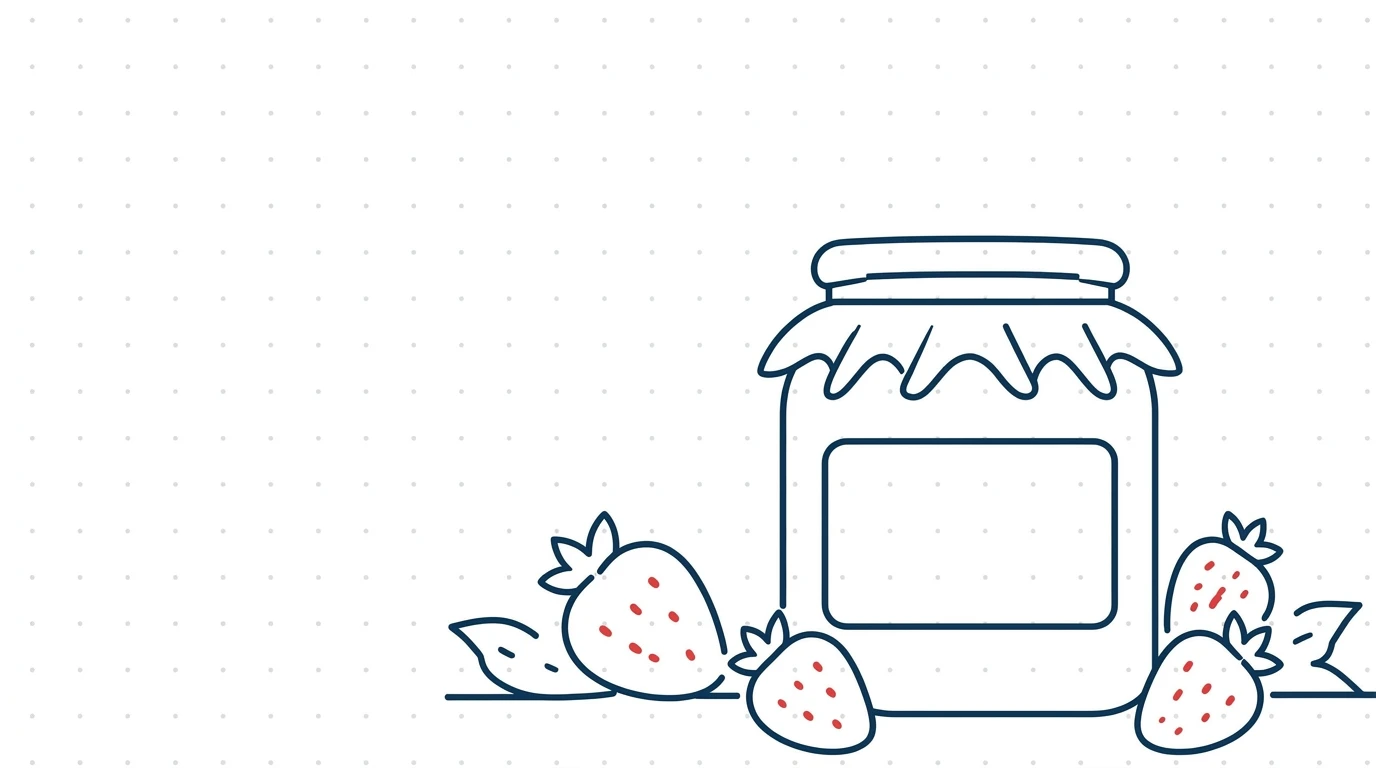 A line drawing of a jam jar surrounded by strawberries.