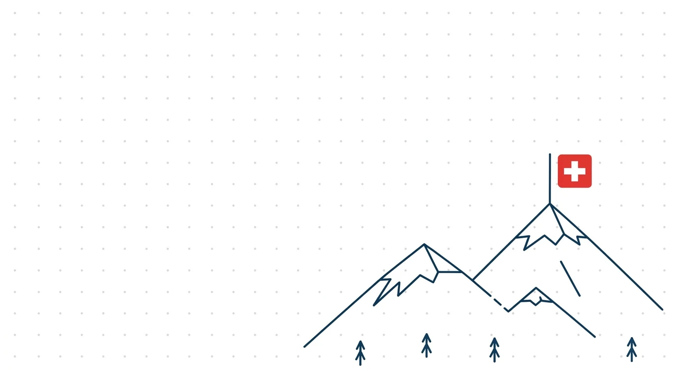 A line drawing of Swiss alps with a Swiss flag on the summit.