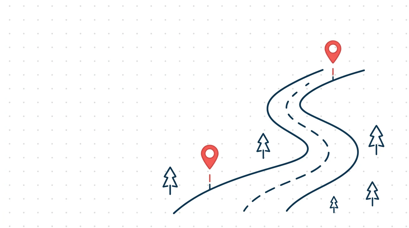 A line drawing of a winding road through trees with two map pins.